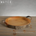 Mayco Antique Round Wooden Serving Tray with Handles for Kitchen Storage